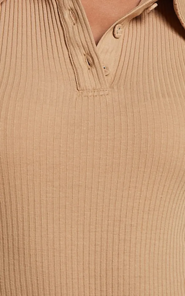 Showpo Teresa Bodysuit 8211 Collared Short Sleeve Button Front Ribbed Bodysuit In Tan Women Tops