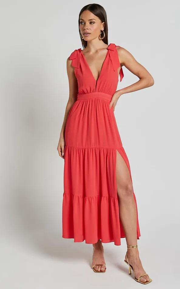 Showpo Teri Midi Dress 8211 Tie Shoulder Plunge Tiered Dress In Coral Women Dresses Showpo Teri Midi Dress 8211 Tie Shoulder Plunge Tiered Dress In Coral Women Dresses
