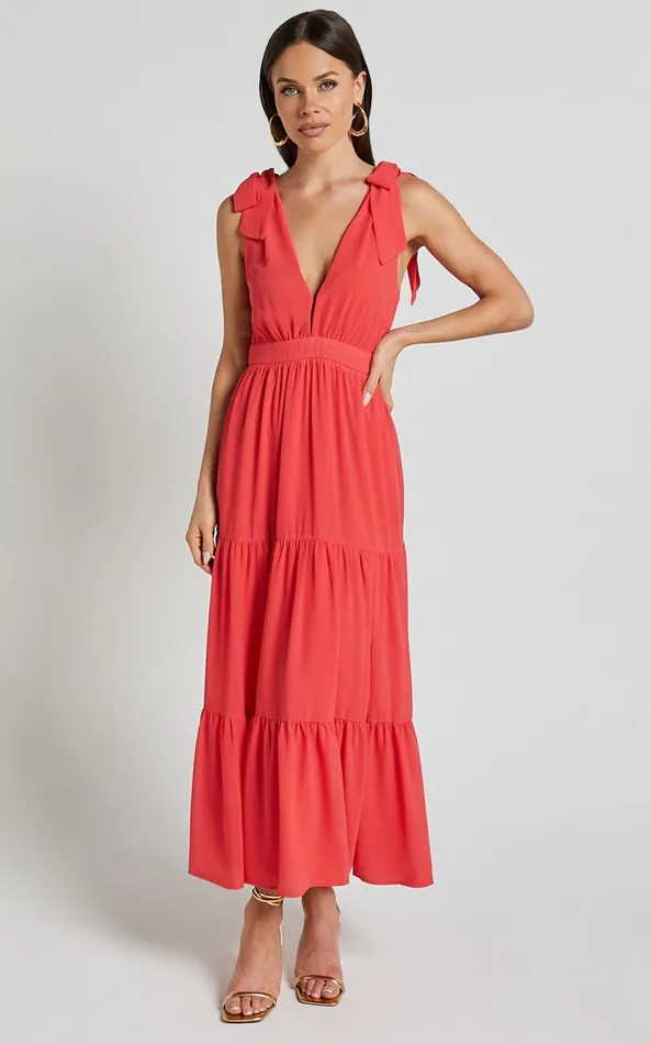 Showpo Teri Midi Dress 8211 Tie Shoulder Plunge Tiered Dress In Coral Women Dresses
