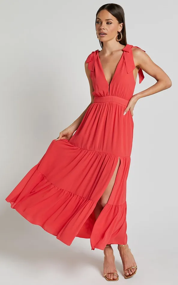 Showpo Teri Midi Dress 8211 Tie Shoulder Plunge Tiered Dress In Coral Women Dresses