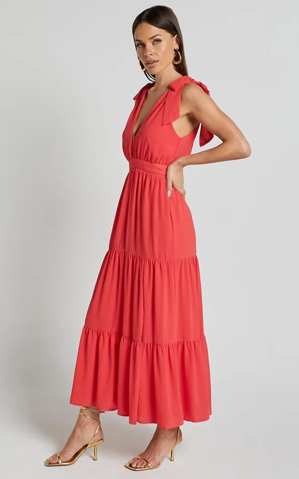 Showpo Teri Midi Dress 8211 Tie Shoulder Plunge Tiered Dress In Coral Women Dresses
