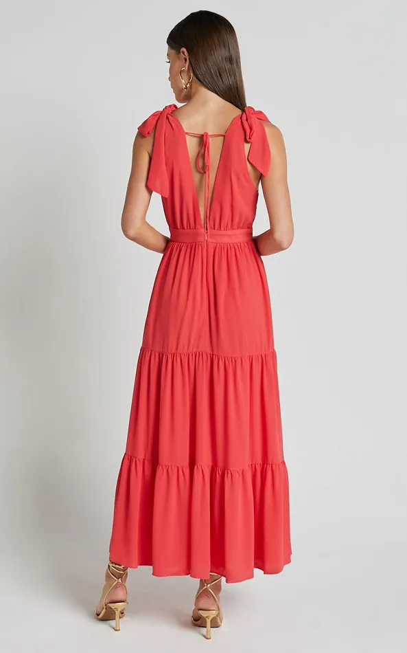 Showpo Teri Midi Dress 8211 Tie Shoulder Plunge Tiered Dress In Coral Women Dresses