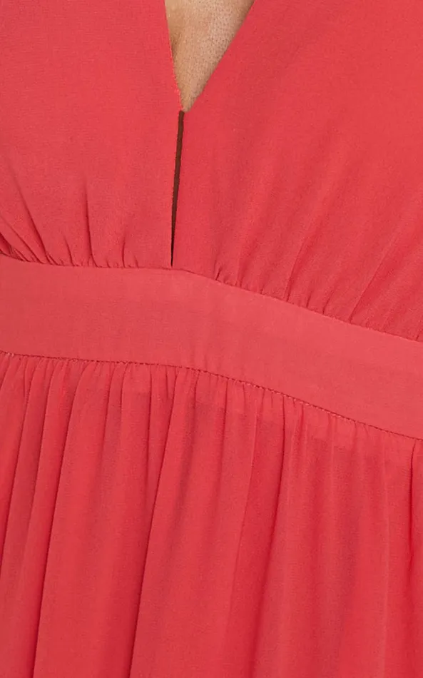 Showpo Teri Midi Dress 8211 Tie Shoulder Plunge Tiered Dress In Coral Women Dresses