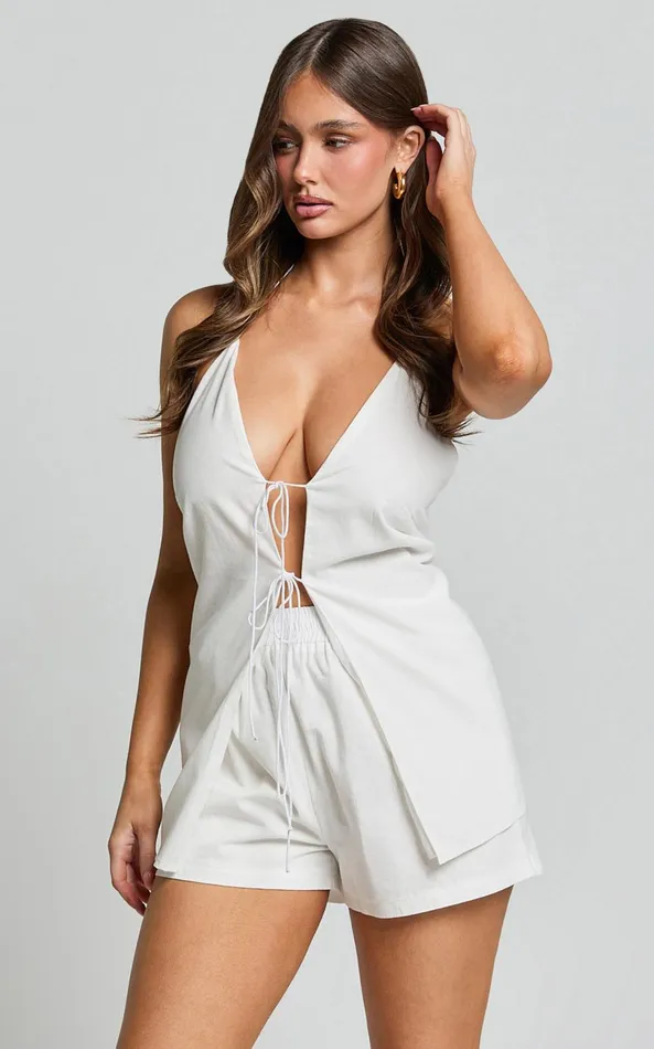 Showpo Terri Two Piece Set 8211 Halter Neck Tie Front Top And Shorts Set In White Women Dresses