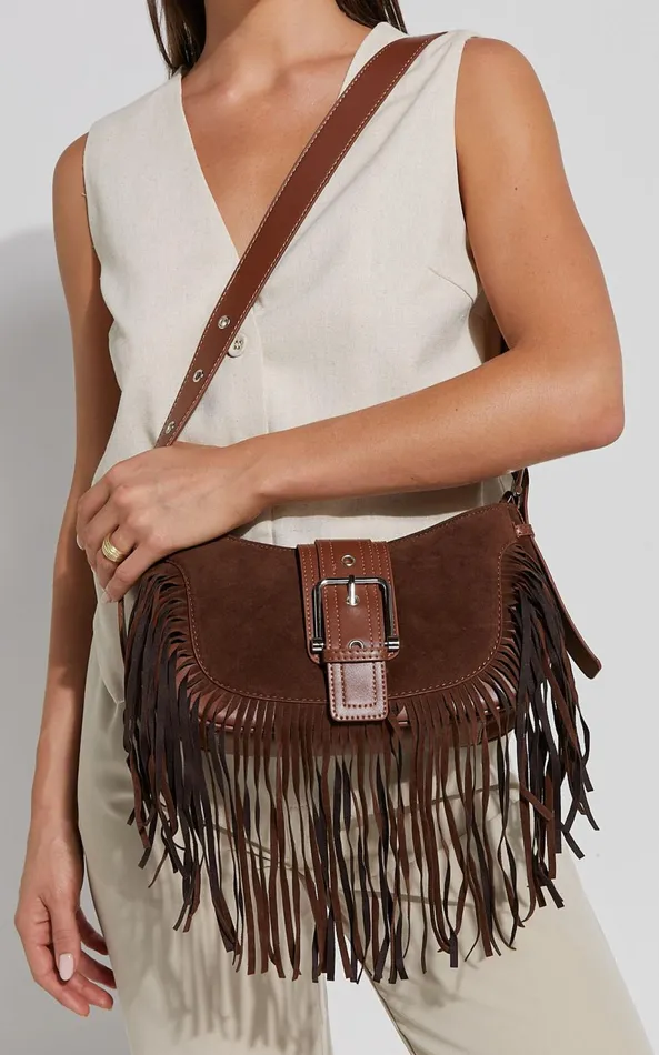 Showpo Texas Bag 8211 Crossbody Suede Fringe Bag In Brown Women Bags