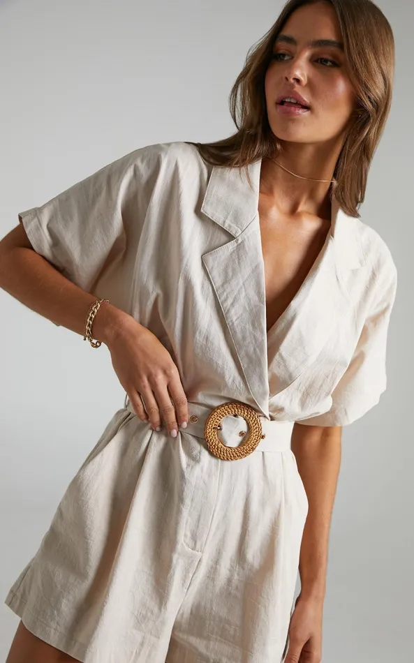 Showpo Thaisa Playsuit 8211 Short Sleeve Collared Belted Playsuit In Biscuit Women Curve Clothes