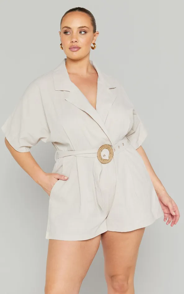 Showpo Thaisa Playsuit 8211 Short Sleeve Collared Belted Playsuit In Biscuit Women Curve Clothes
