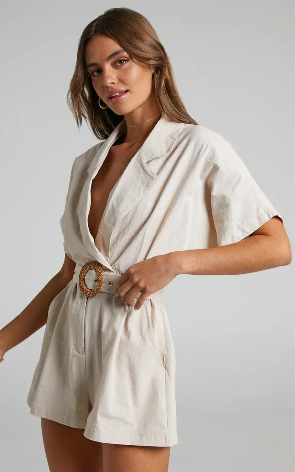 Showpo Thaisa Playsuit 8211 Short Sleeve Collared Belted Playsuit In Biscuit Women Curve Clothes