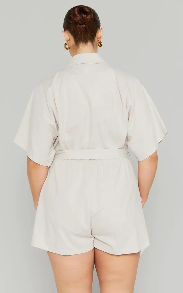 Showpo Thaisa Playsuit 8211 Short Sleeve Collared Belted Playsuit In Biscuit Women Curve Clothes