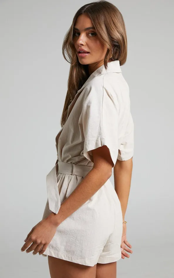 Showpo Thaisa Playsuit 8211 Short Sleeve Collared Belted Playsuit In Biscuit Women Curve Clothes