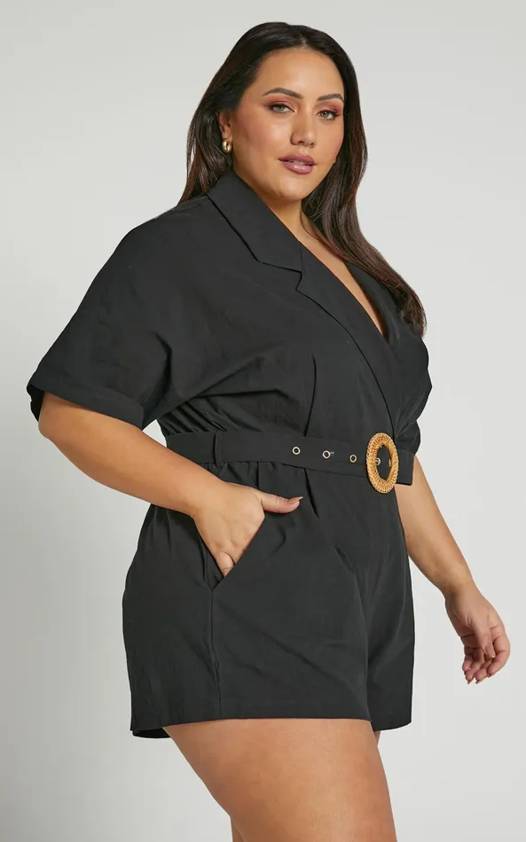 Showpo Thaisa Playsuit 8211 Short Sleeve Collared Belted Playsuit In Black Women Curve Clothes