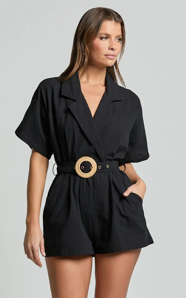 Showpo Thaisa Playsuit 8211 Short Sleeve Collared Belted Playsuit In Black Women Curve Clothes