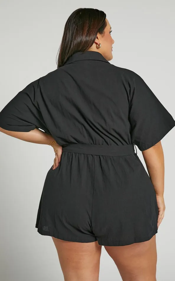 Showpo Thaisa Playsuit 8211 Short Sleeve Collared Belted Playsuit In Black Women Curve Clothes