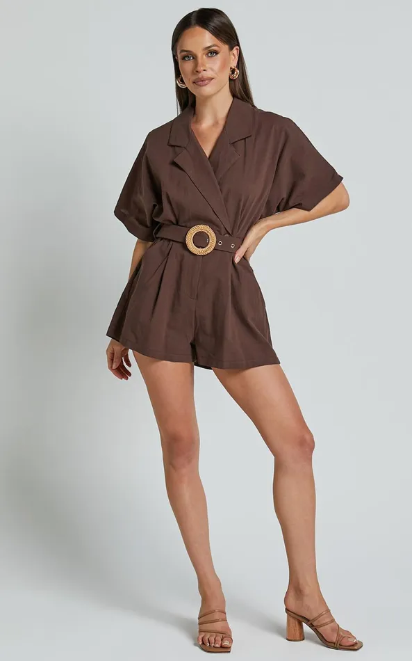 Showpo Thaisa Playsuit 8211 Short Sleeve Collared Belted Playsuit In Choc Women Curve Clothes