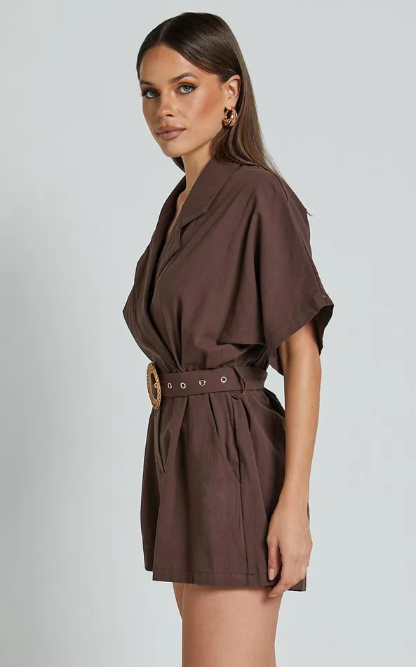 Showpo Thaisa Playsuit 8211 Short Sleeve Collared Belted Playsuit In Choc Women Curve Clothes