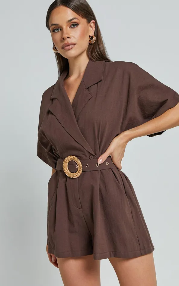 Showpo Thaisa Playsuit 8211 Short Sleeve Collared Belted Playsuit In Choc Women Curve Clothes