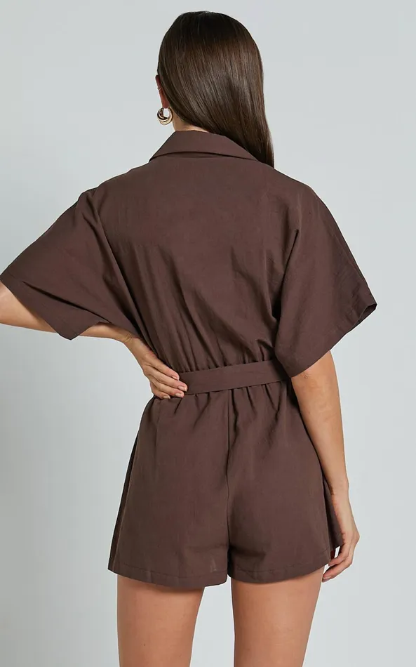 Showpo Thaisa Playsuit 8211 Short Sleeve Collared Belted Playsuit In Choc Women Curve Clothes
