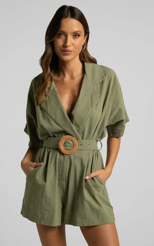Showpo Thaisa Playsuit 8211 Short Sleeve Collared Belted Playsuit In Khaki Women Curve Clothes Showpo Thaisa Playsuit 8211 Short Sleeve Collared Belted Playsuit In Khaki Women Curve Clothes