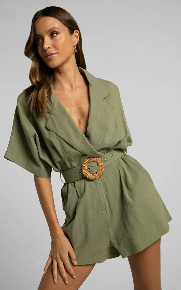 Showpo Thaisa Playsuit 8211 Short Sleeve Collared Belted Playsuit In Khaki Women Curve Clothes
