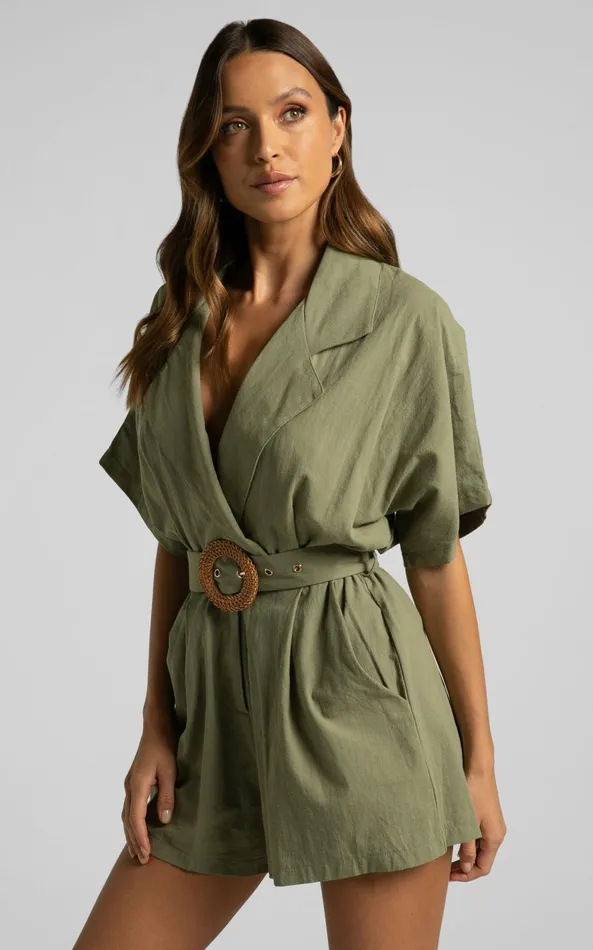 Showpo Thaisa Playsuit 8211 Short Sleeve Collared Belted Playsuit In Khaki Women Curve Clothes