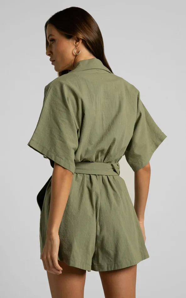 Showpo Thaisa Playsuit 8211 Short Sleeve Collared Belted Playsuit In Khaki Women Curve Clothes