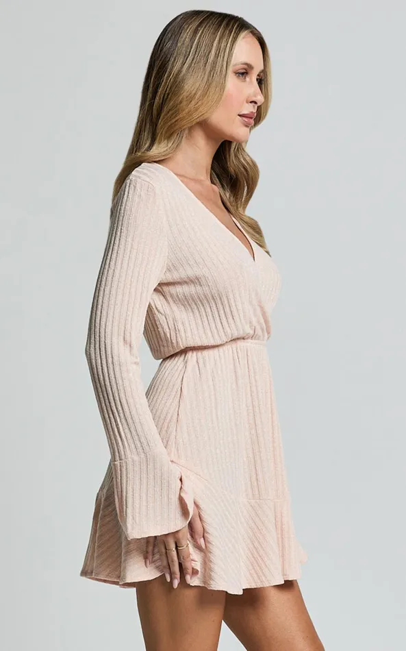 Showpo The Next Step Mini Dress 8211 Long Sleeve Dress In Beige Marle Women Dresses