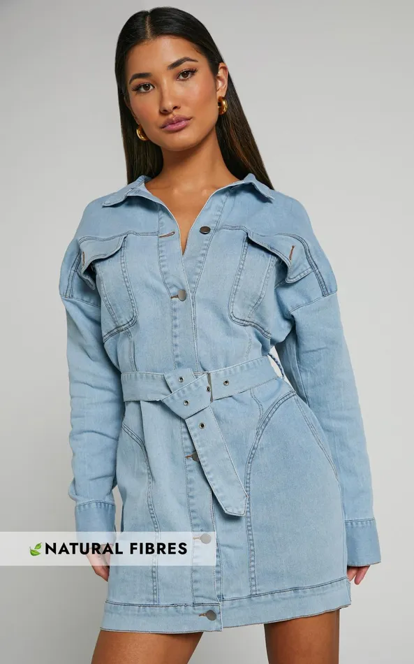 Showpo Theodore Mini Dress 8211 Button Up Tie Waist Long Sleeve Denim Dress In BLEACHED WASH Women Dresses Showpo Theodore Mini Dress 8211 Button Up Tie Waist Long Sleeve Denim Dress In BLEACHED WASH Women Dresses
