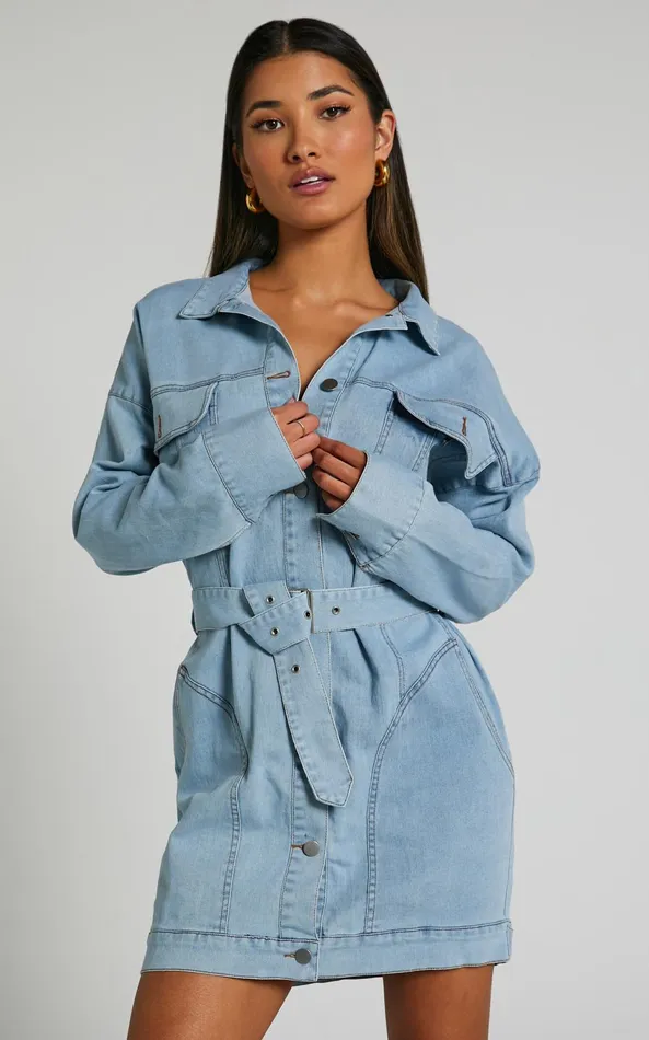 Showpo Theodore Mini Dress 8211 Button Up Tie Waist Long Sleeve Denim Dress In BLEACHED WASH Women Dresses