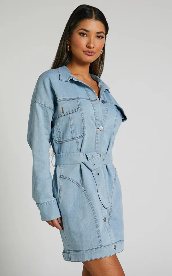 Showpo Theodore Mini Dress 8211 Button Up Tie Waist Long Sleeve Denim Dress In BLEACHED WASH Women Dresses