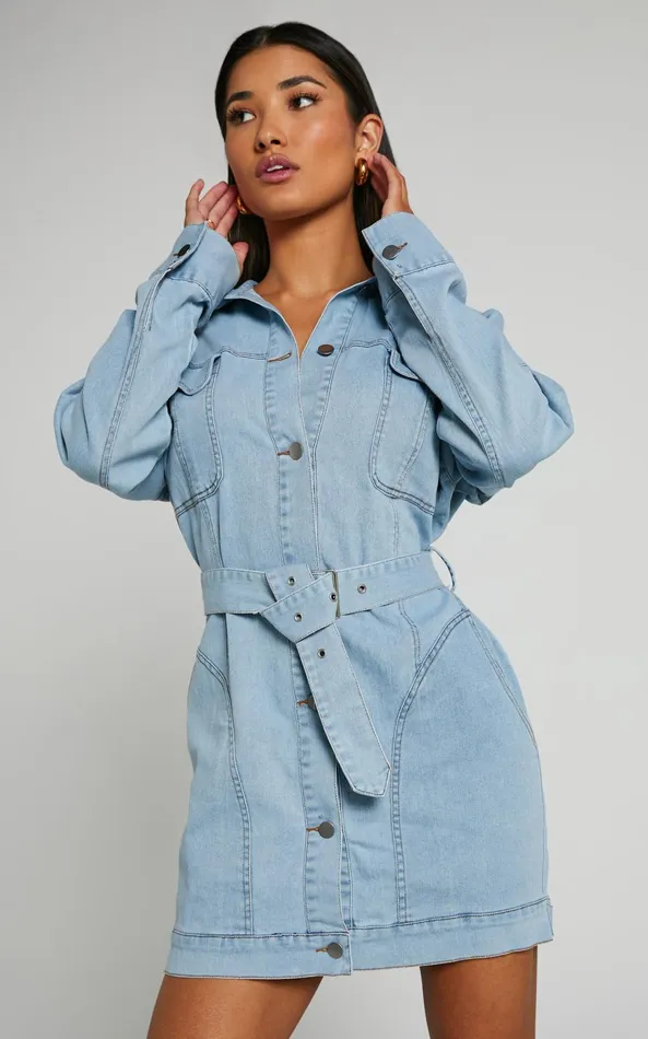 Showpo Theodore Mini Dress 8211 Button Up Tie Waist Long Sleeve Denim Dress In BLEACHED WASH Women Dresses