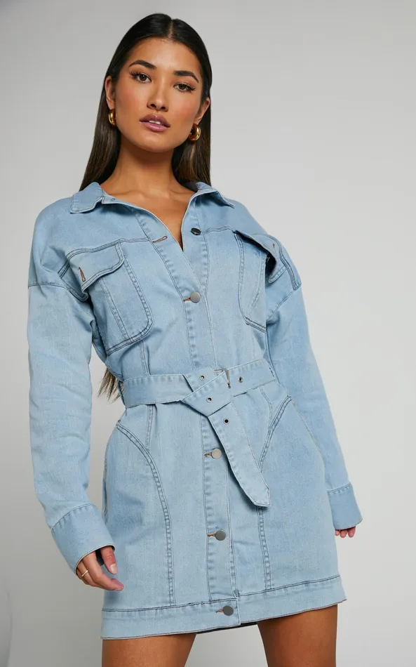 Showpo Theodore Mini Dress 8211 Button Up Tie Waist Long Sleeve Denim Dress In BLEACHED WASH Women Dresses