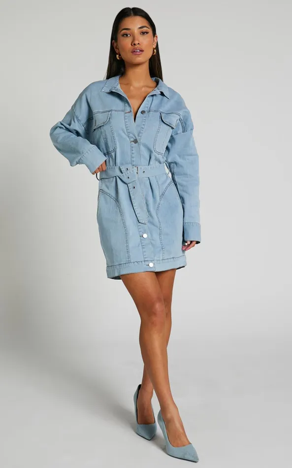 Showpo Theodore Mini Dress 8211 Button Up Tie Waist Long Sleeve Denim Dress In BLEACHED WASH Women Dresses