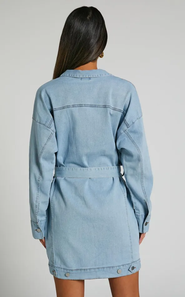 Showpo Theodore Mini Dress 8211 Button Up Tie Waist Long Sleeve Denim Dress In BLEACHED WASH Women Dresses