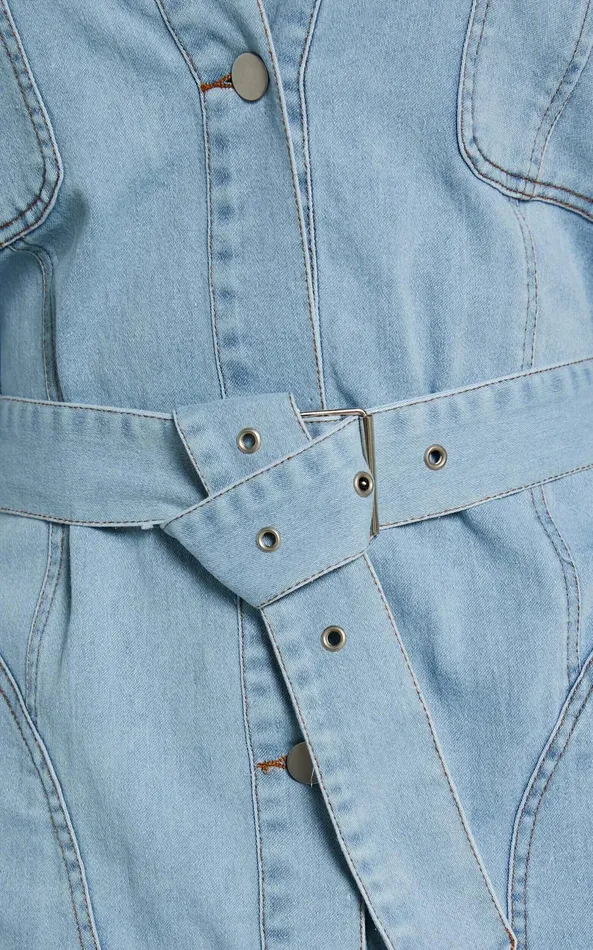 Showpo Theodore Mini Dress 8211 Button Up Tie Waist Long Sleeve Denim Dress In BLEACHED WASH Women Dresses