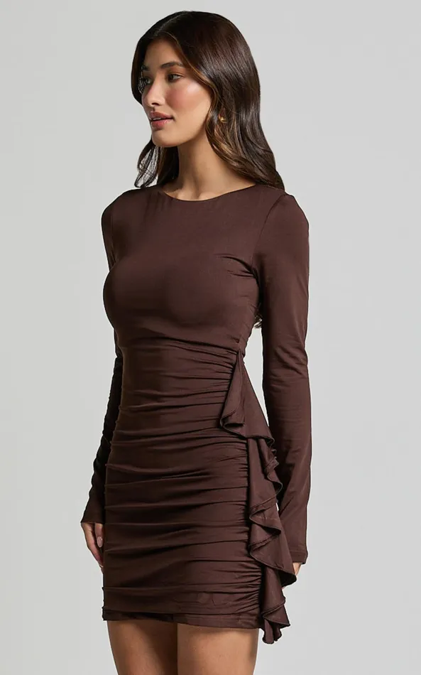 Showpo Therese Mini Dress 8211 Ruched Bodycon Flounce Detail Dress In Chocolate Women Dresses