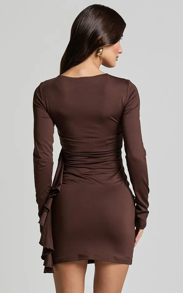Showpo Therese Mini Dress 8211 Ruched Bodycon Flounce Detail Dress In Chocolate Women Dresses