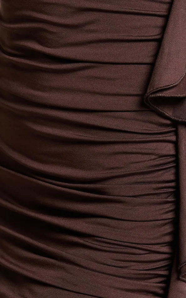 Showpo Therese Mini Dress 8211 Ruched Bodycon Flounce Detail Dress In Chocolate Women Dresses
