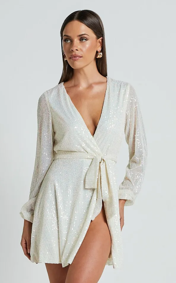 Showpo Three Of Us Mini Dress 8211 Long Sleeve Wrap Dress In White Sequin Women Curve Clothes Showpo Three Of Us Mini Dress 8211 Long Sleeve Wrap Dress In White Sequin Women Curve Clothes