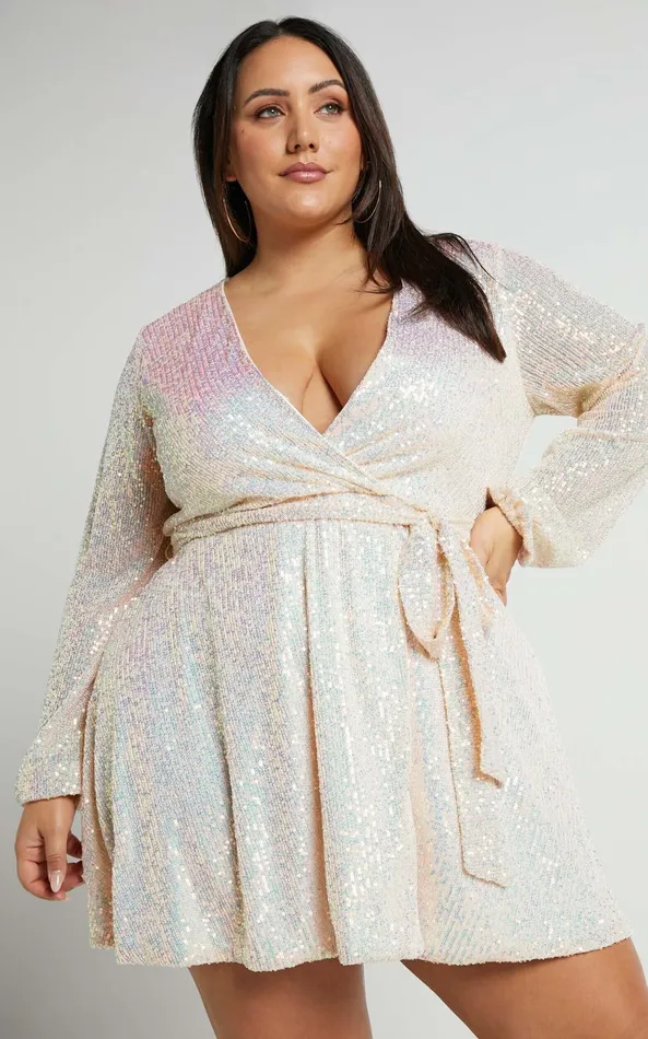 Showpo Three Of Us Mini Dress 8211 Long Sleeve Wrap Dress In White Sequin Women Curve Clothes