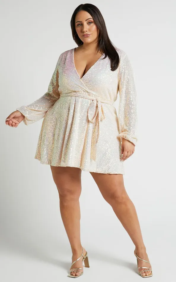 Showpo Three Of Us Mini Dress 8211 Long Sleeve Wrap Dress In White Sequin Women Curve Clothes