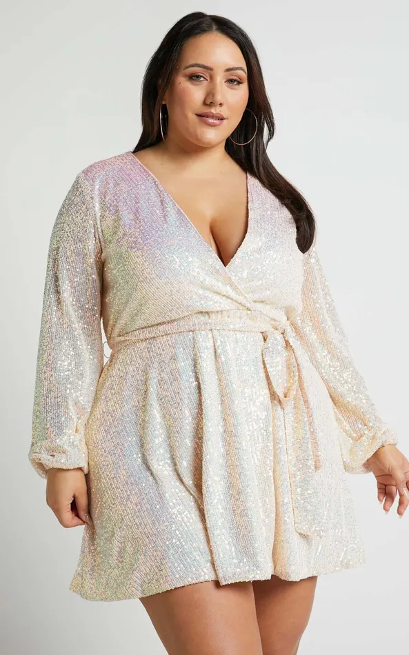 Showpo Three Of Us Mini Dress 8211 Long Sleeve Wrap Dress In White Sequin Women Curve Clothes