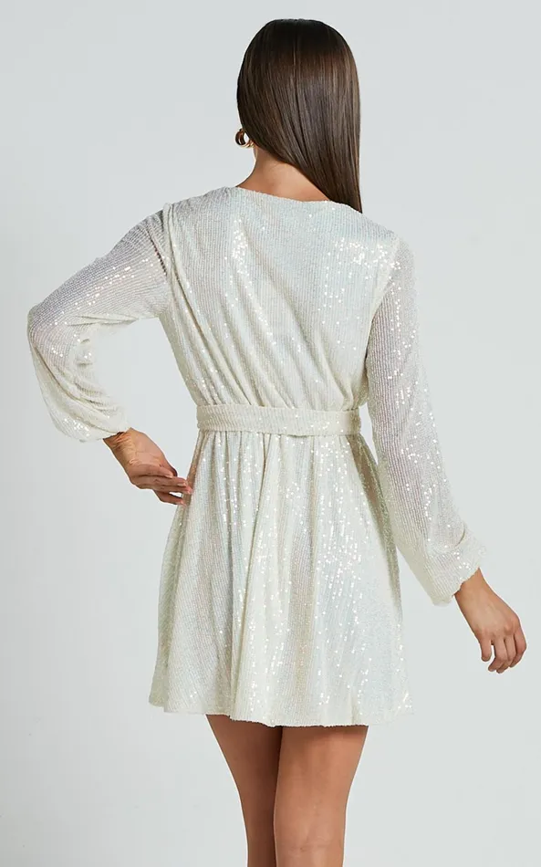 Showpo Three Of Us Mini Dress 8211 Long Sleeve Wrap Dress In White Sequin Women Curve Clothes