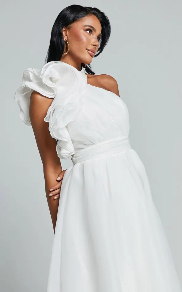 Showpo Tia Midi Dress 8211 One Shoulder Frill Detail Fit and Flare Dress In White Women Dresses