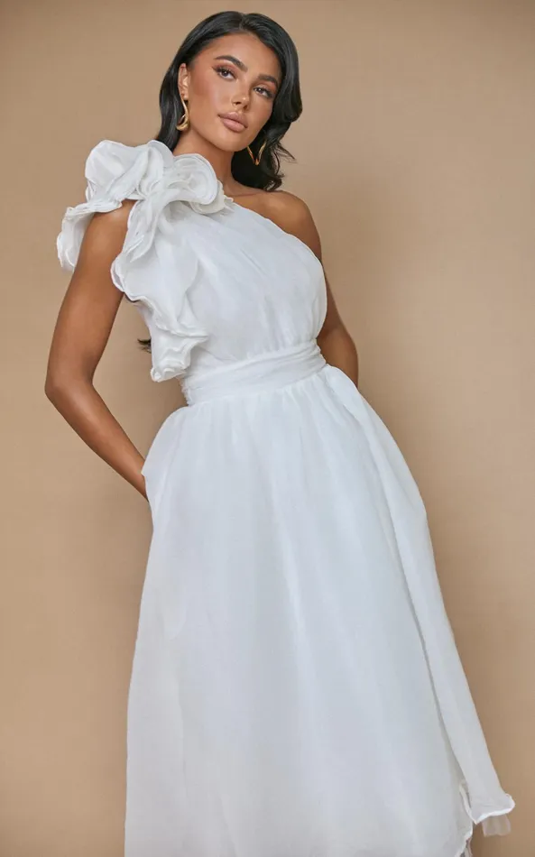 Showpo Tia Midi Dress 8211 One Shoulder Frill Detail Fit and Flare Dress In White Women Dresses