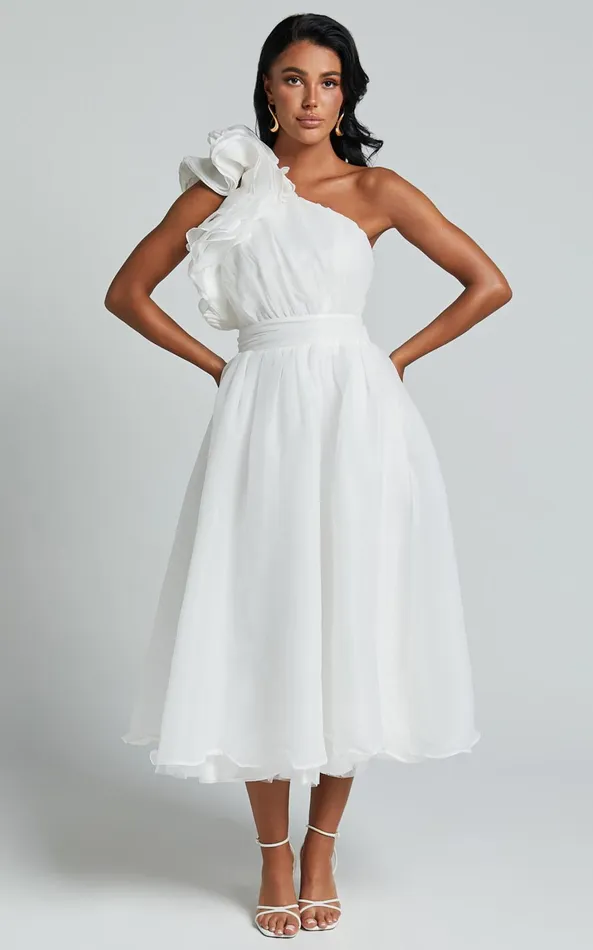 Showpo Tia Midi Dress 8211 One Shoulder Frill Detail Fit and Flare Dress In White Women Dresses