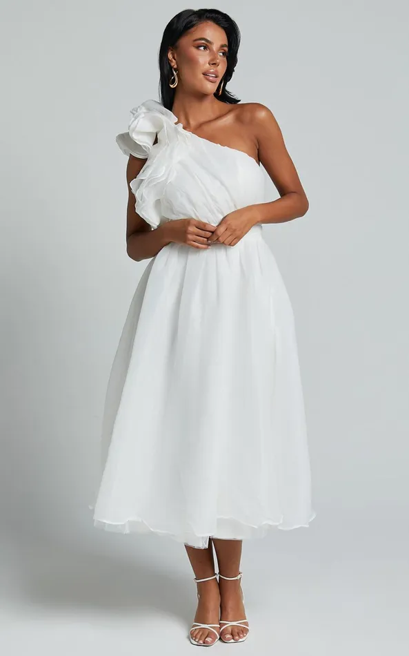 Showpo Tia Midi Dress 8211 One Shoulder Frill Detail Fit and Flare Dress In White Women Dresses