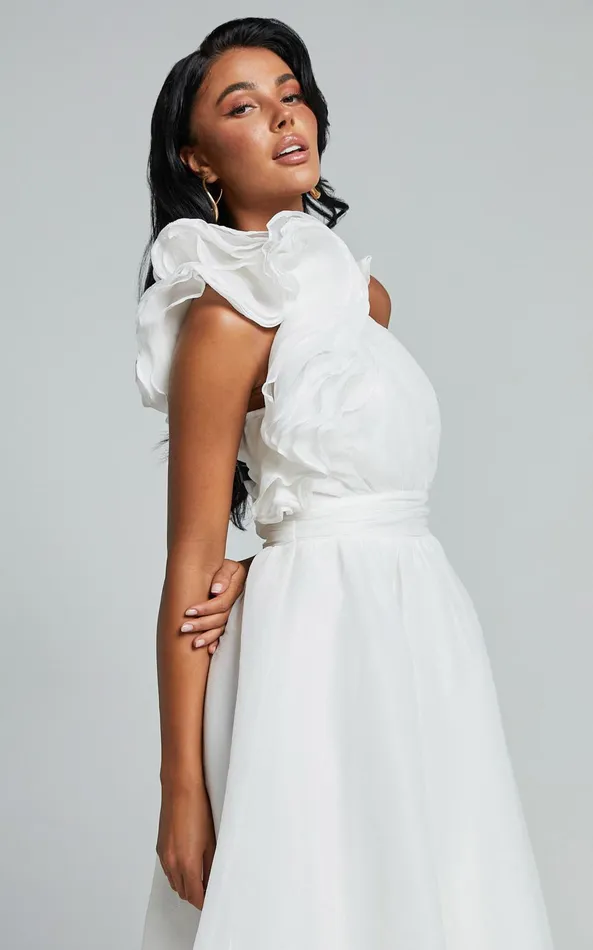 Showpo Tia Midi Dress 8211 One Shoulder Frill Detail Fit and Flare Dress In White Women Dresses