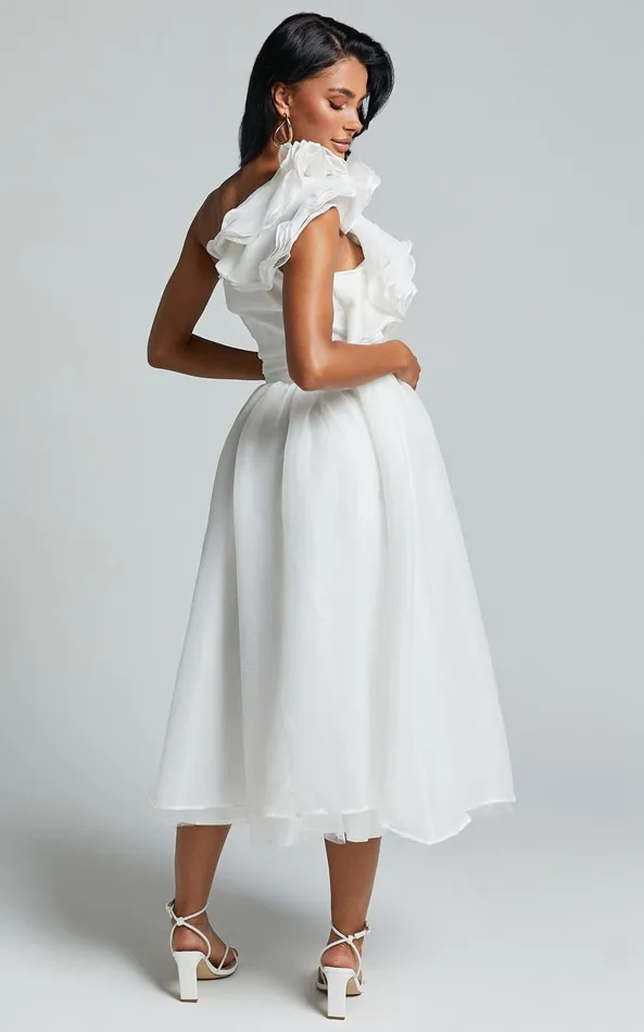 Showpo Tia Midi Dress 8211 One Shoulder Frill Detail Fit and Flare Dress In White Women Dresses
