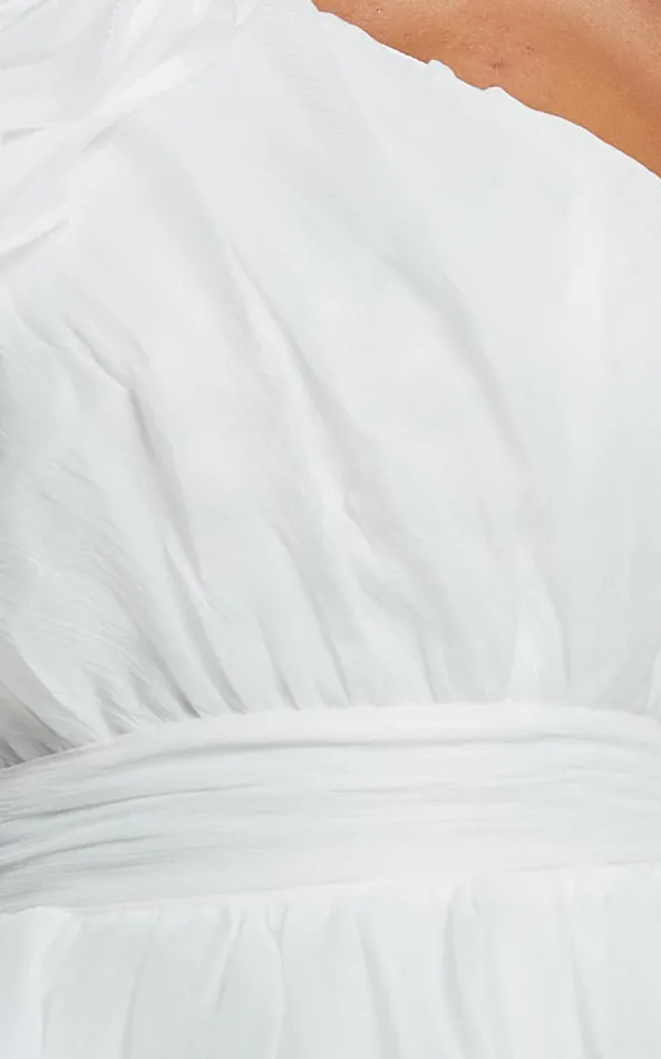 Showpo Tia Midi Dress 8211 One Shoulder Frill Detail Fit and Flare Dress In White Women Dresses