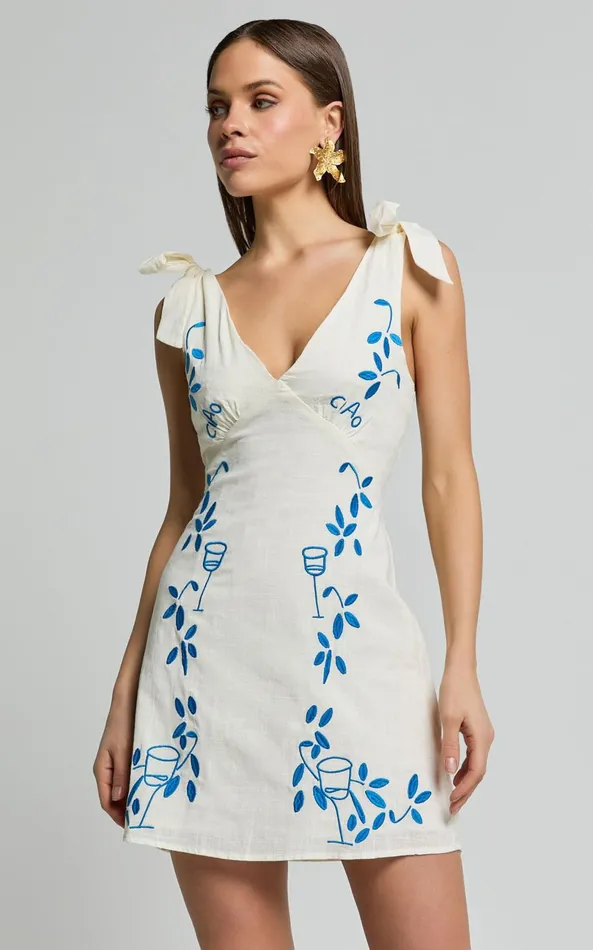 Showpo Tia Mini Dress 8211 Tie Strap Deep V Neck Shift Dress In Natural Women Dresses